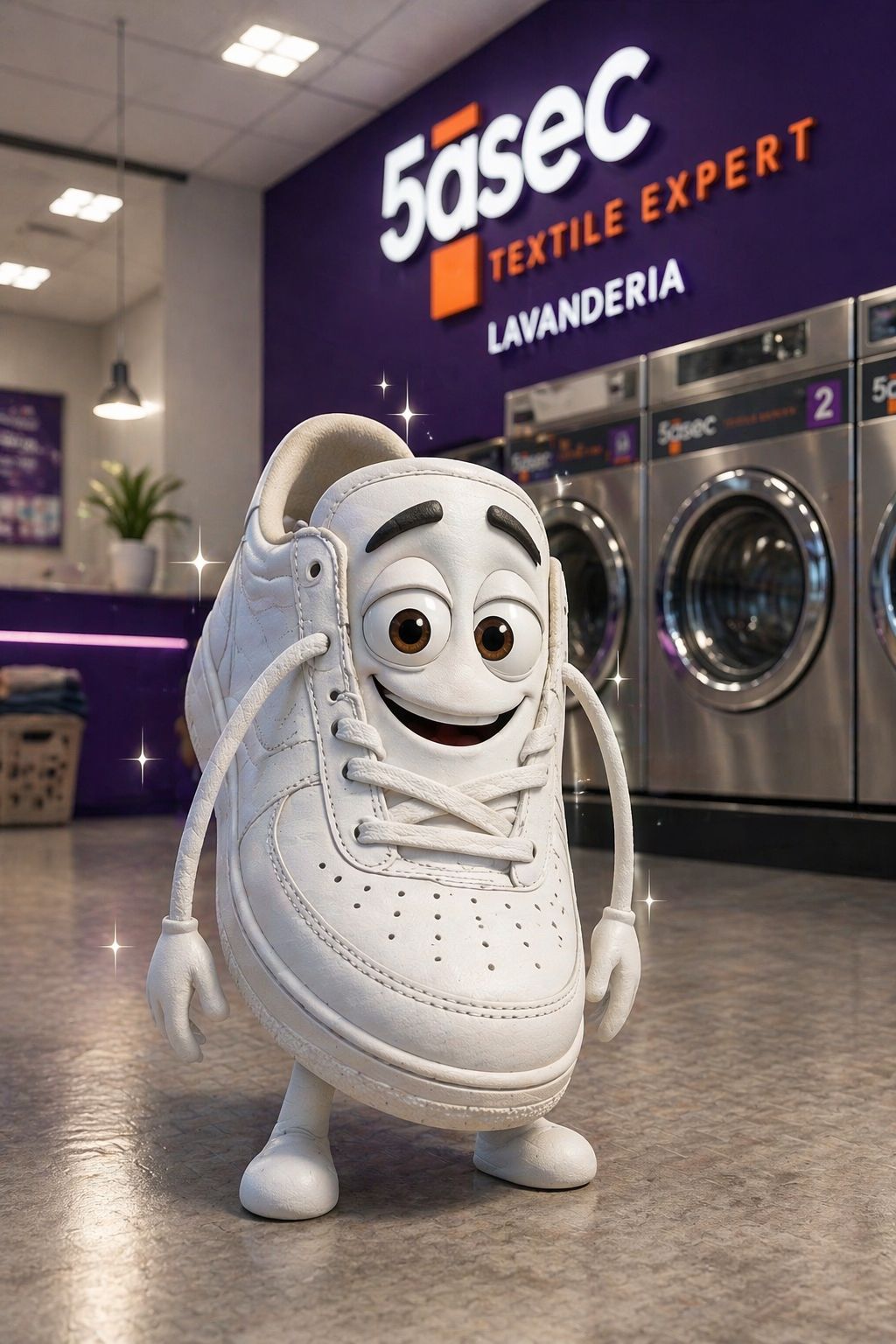 Mascote tênis branco brilhando após a lavagem